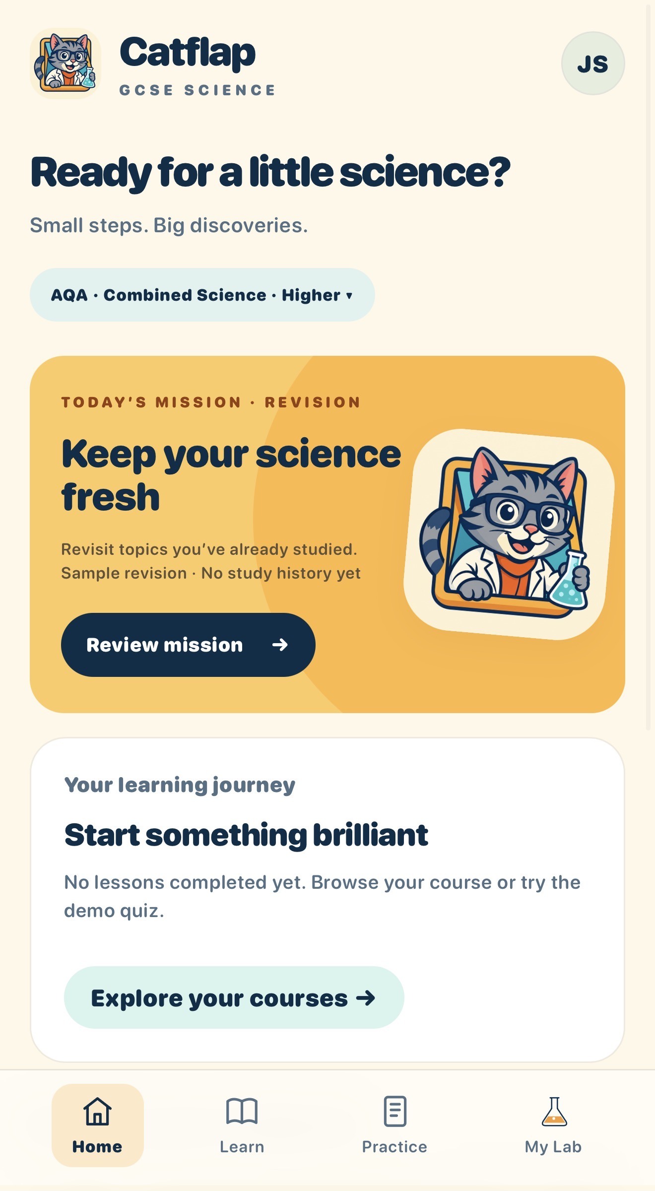 Actual Catflap app showing Today's Mission and learning journey